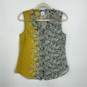 CAbi 5221 Offsides Print Blouse Sz S sleeveless floral collared yellow gray blue